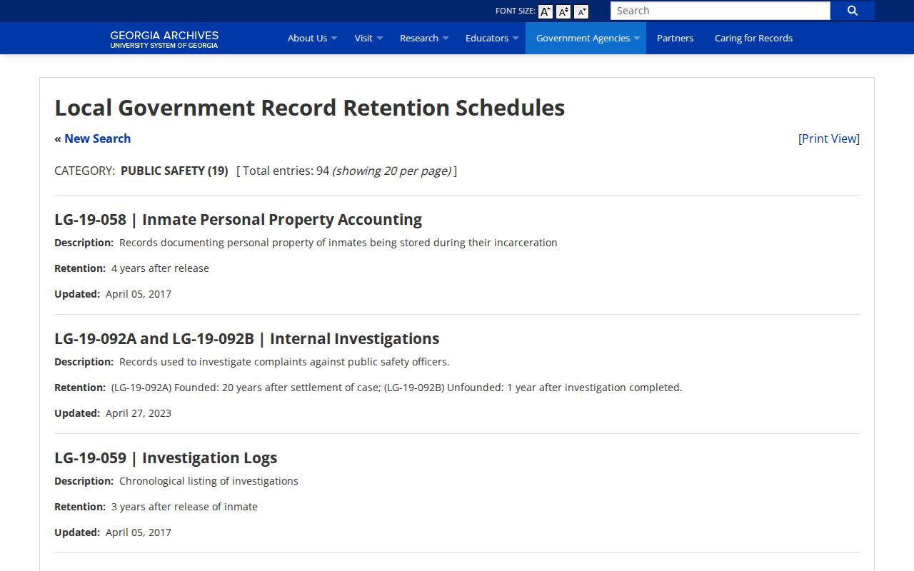 Georgia Archives local-government retention schedule for DeKalb jail records