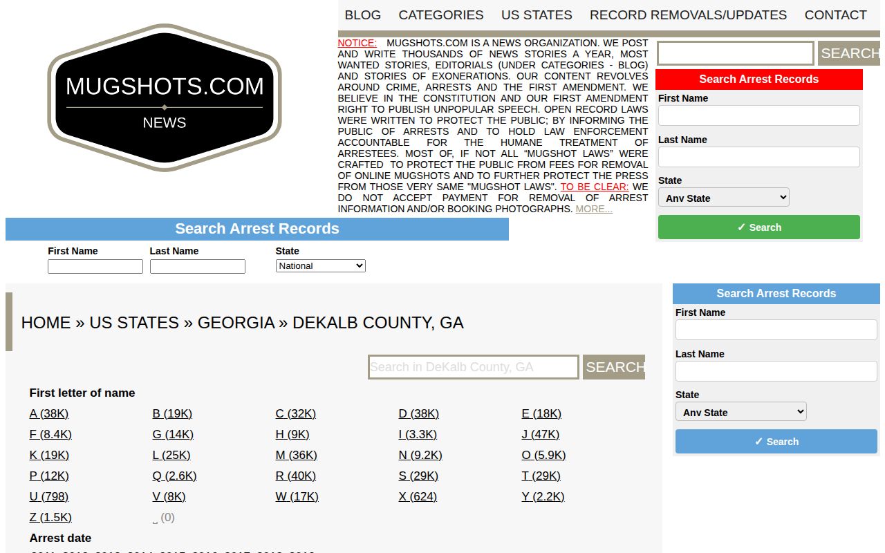 Mugshots.com DeKalb County unofficial records section