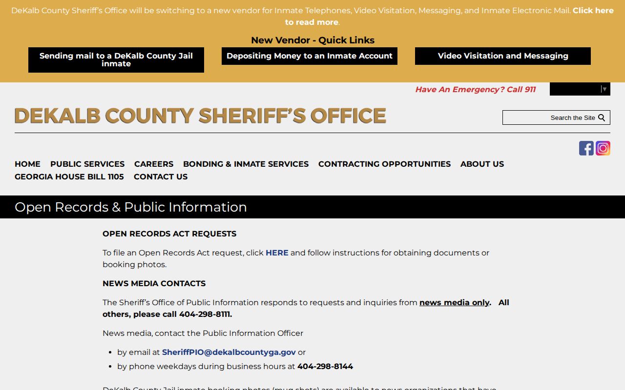 DeKalb County Sheriff Open Records page for booking record and photo requests